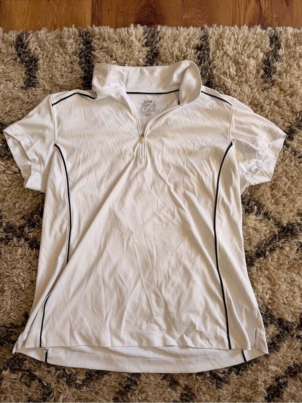 White Women’s Golf Performance Polo Shirt with Black Piping
